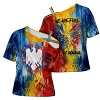 Romania We Are Free Eagle Cross Shoulder Shirt Romanian Flag Broken Chains - Watercolor Style