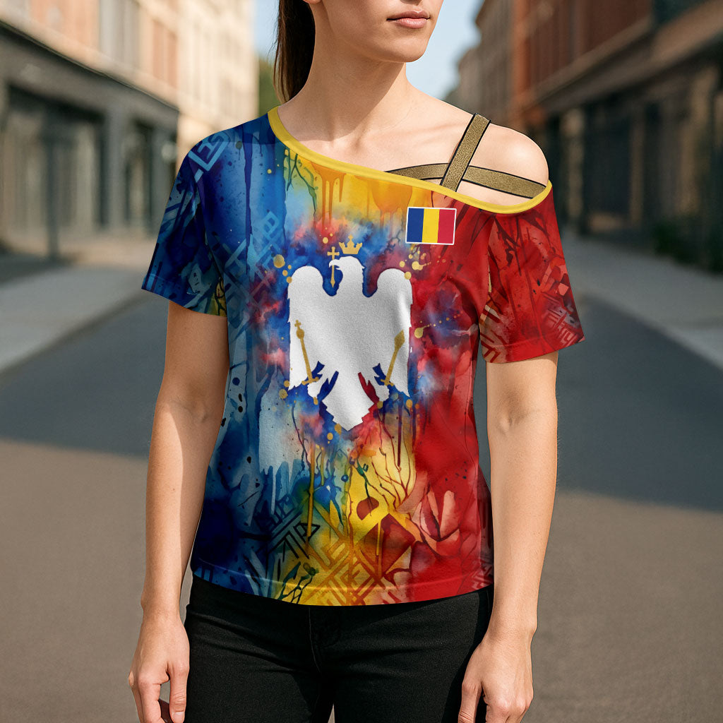 Romania We Are Free Eagle Cross Shoulder Shirt Romanian Flag Broken Chains - Watercolor Style