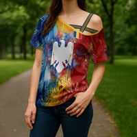 Romania We Are Free Eagle Cross Shoulder Shirt Romanian Flag Broken Chains - Watercolor Style