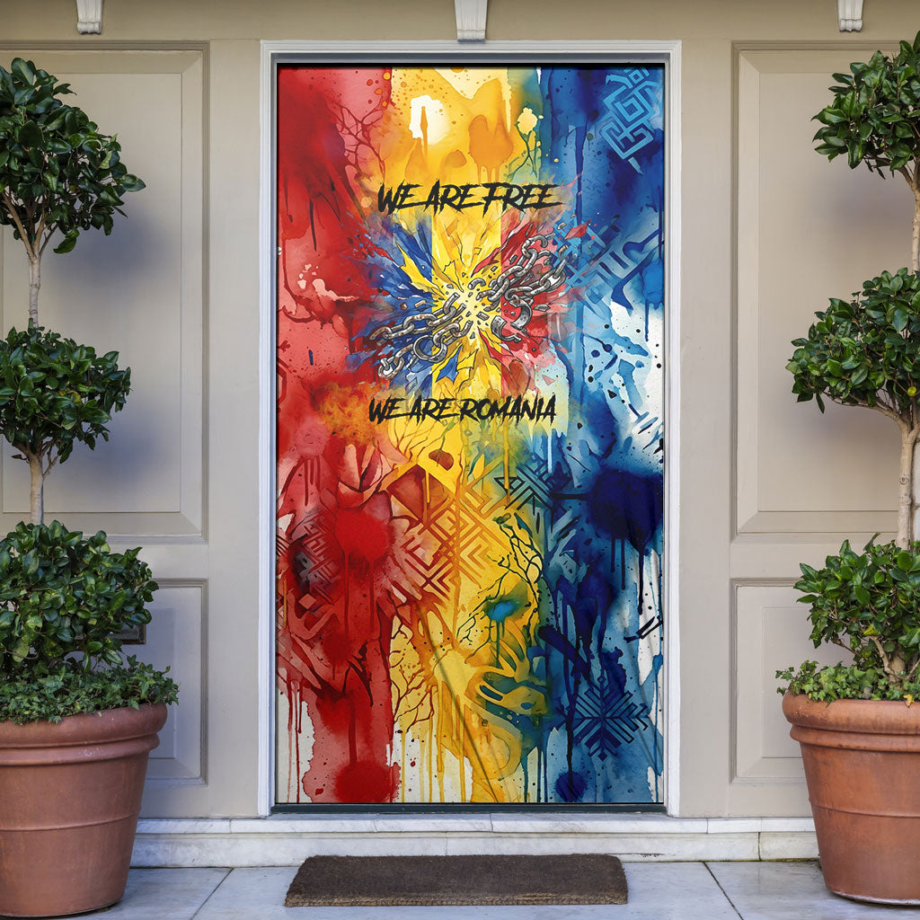 Romania We Are Free Eagle Door Cover Romanian Flag Broken Chains - Watercolor Style