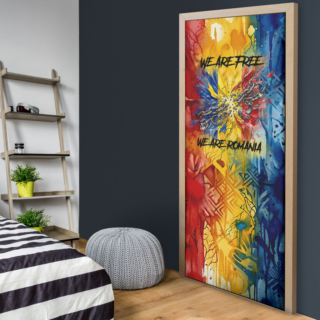 Romania We Are Free Eagle Door Cover Romanian Flag Broken Chains - Watercolor Style