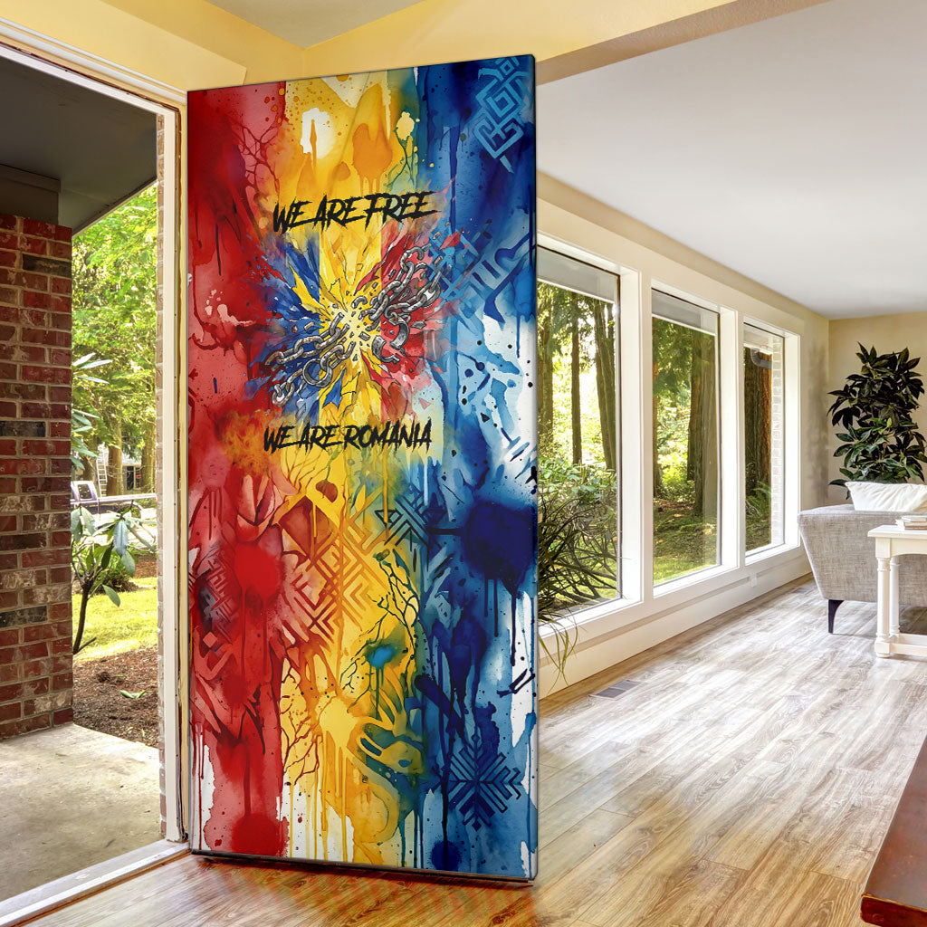 Romania We Are Free Eagle Door Cover Romanian Flag Broken Chains - Watercolor Style