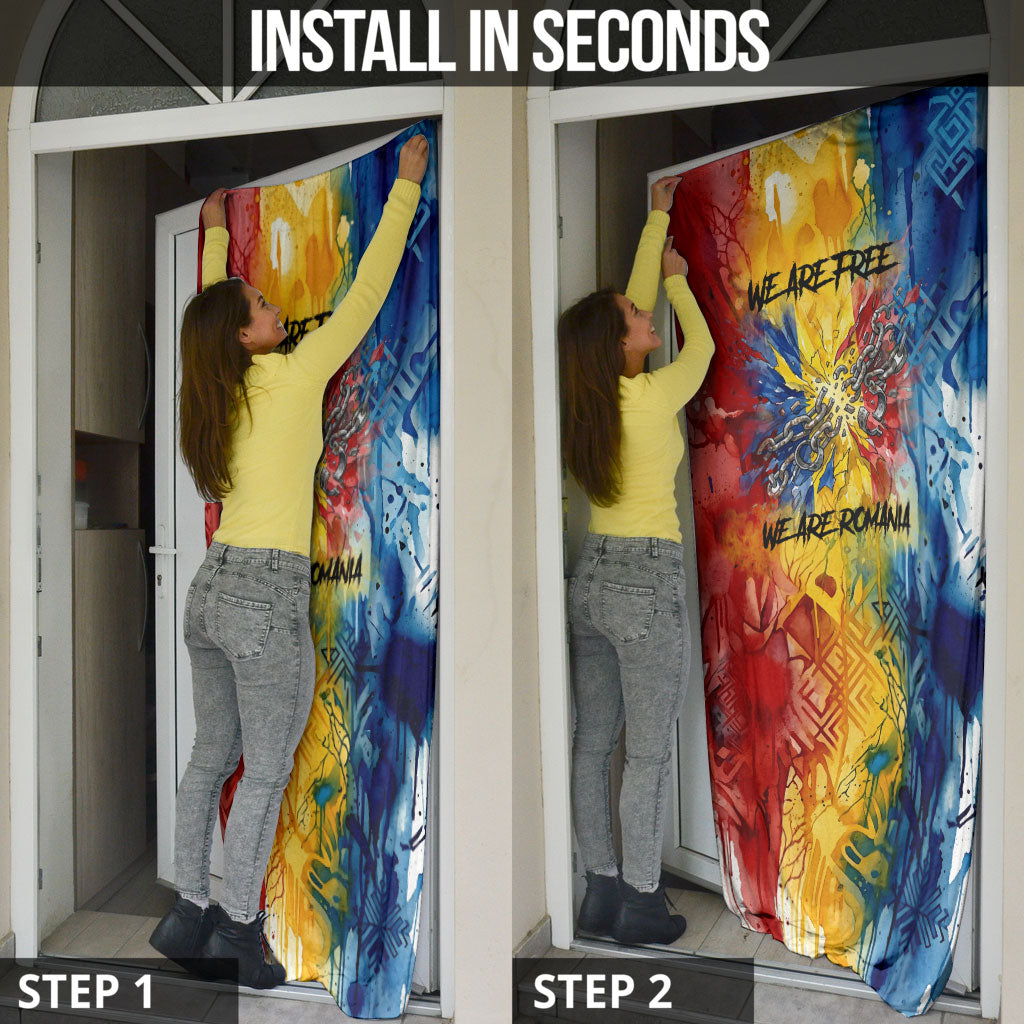 Romania We Are Free Eagle Door Cover Romanian Flag Broken Chains - Watercolor Style