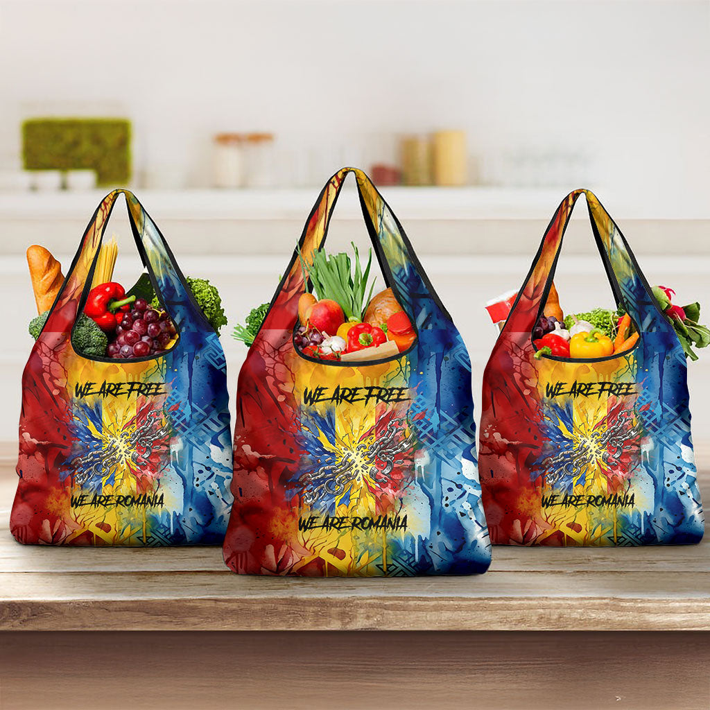 Romania We Are Free Eagle Grocery Bag Romanian Flag Broken Chains - Watercolor Style
