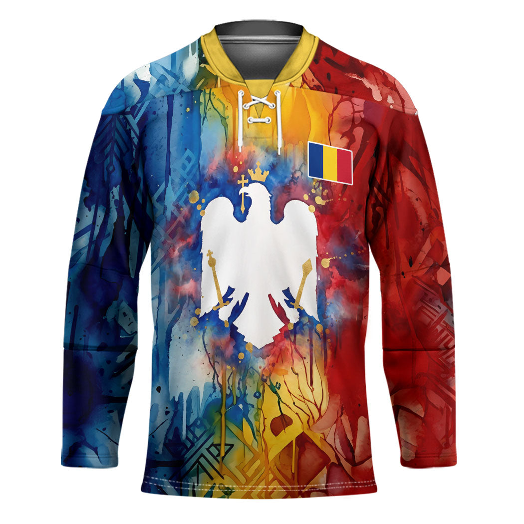 Romania We Are Free Eagle Hockey Jersey Romanian Flag Broken Chains - Watercolor Style