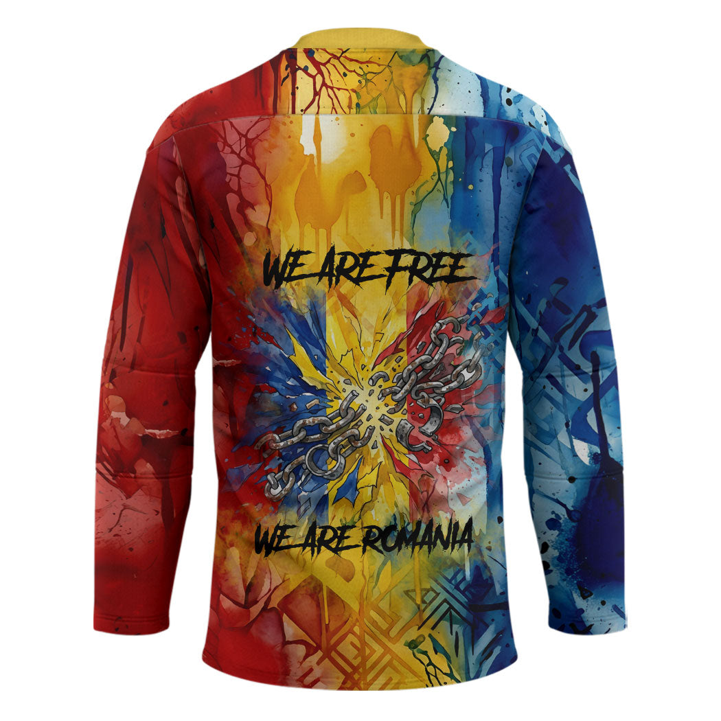 Romania We Are Free Eagle Hockey Jersey Romanian Flag Broken Chains - Watercolor Style