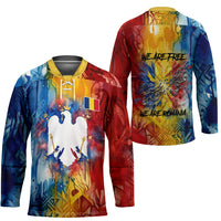 Romania We Are Free Eagle Hockey Jersey Romanian Flag Broken Chains - Watercolor Style