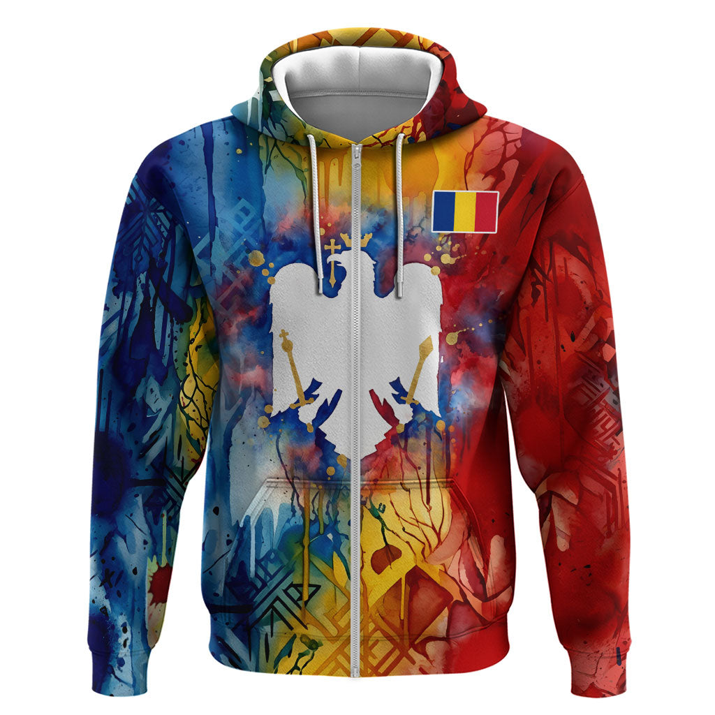 Romania We Are Free Eagle Hoodie Romanian Flag Broken Chains - Watercolor Style
