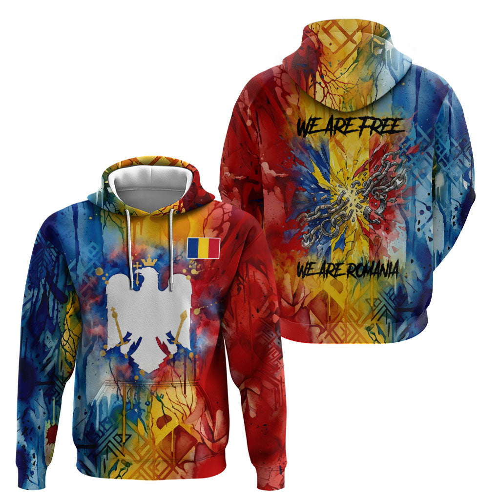Romania We Are Free Eagle Hoodie Romanian Flag Broken Chains - Watercolor Style