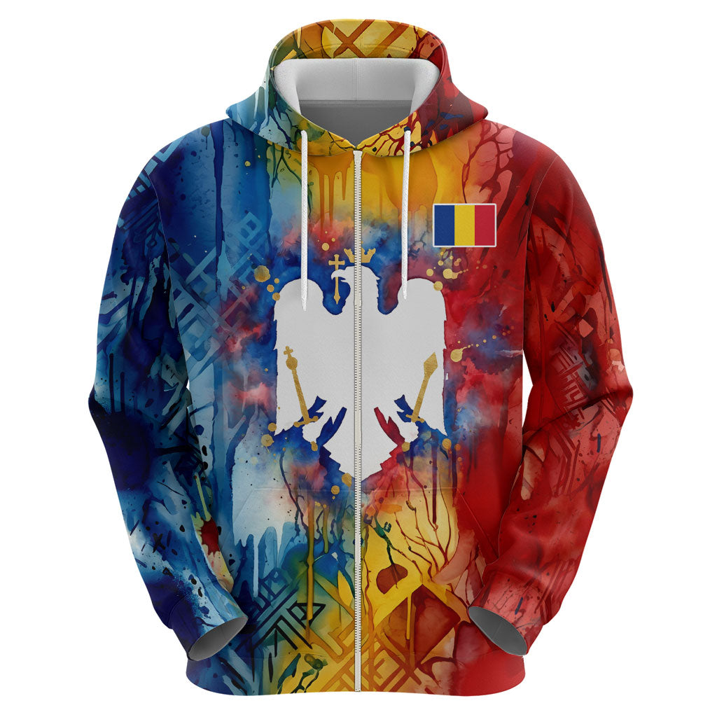Romania We Are Free Eagle Hoodie Romanian Flag Broken Chains - Watercolor Style