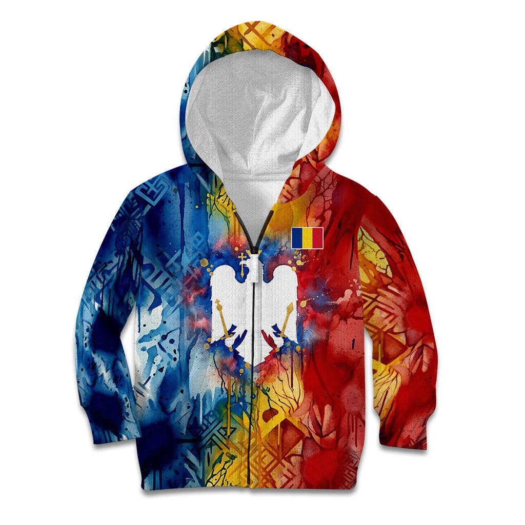 Romania We Are Free Eagle Kid Hoodie Romanian Flag Broken Chains - Watercolor Style