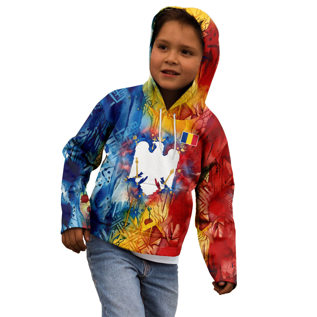 Romania We Are Free Eagle Kid Hoodie Romanian Flag Broken Chains - Watercolor Style