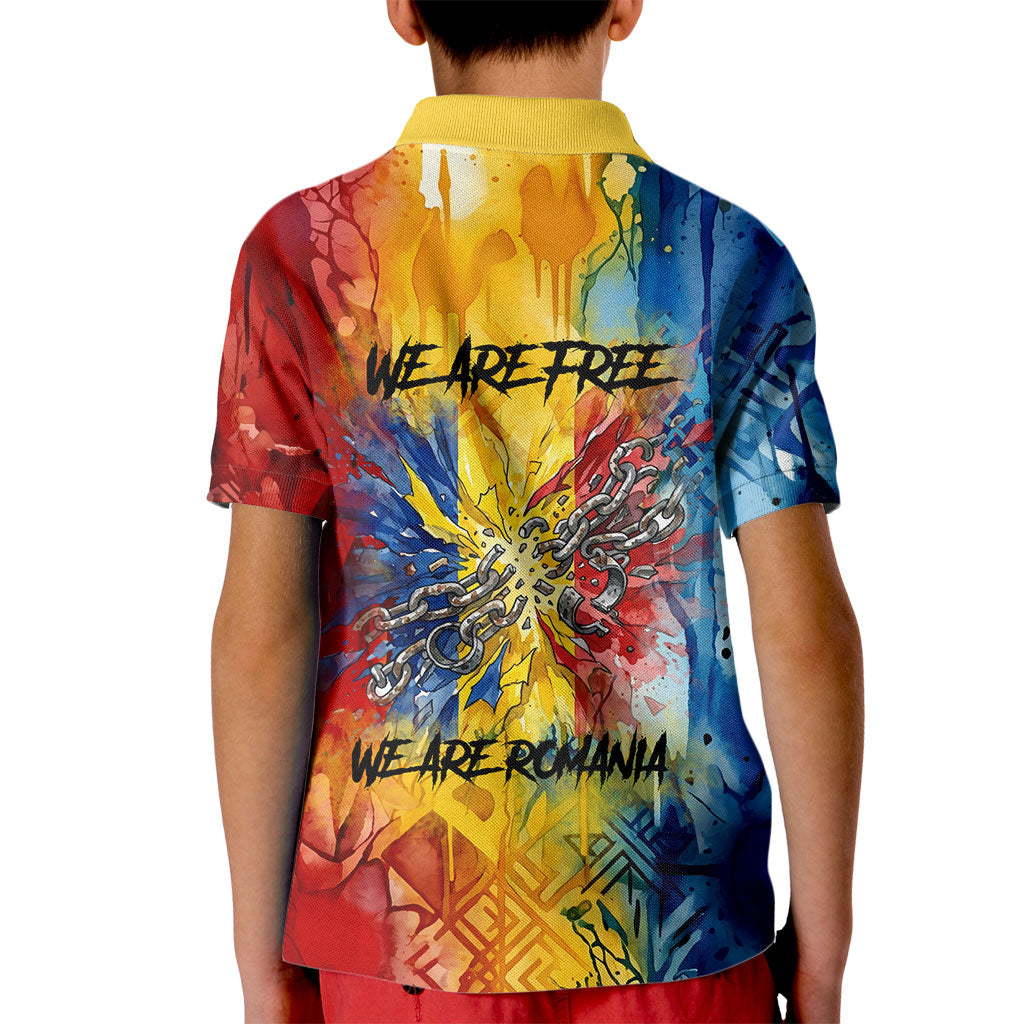 Romania We Are Free Eagle Kid Polo Shirt Romanian Flag Broken Chains - Watercolor Style