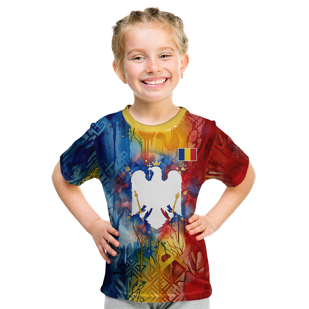 Romania We Are Free Eagle Kid T Shirt Romanian Flag Broken Chains - Watercolor Style