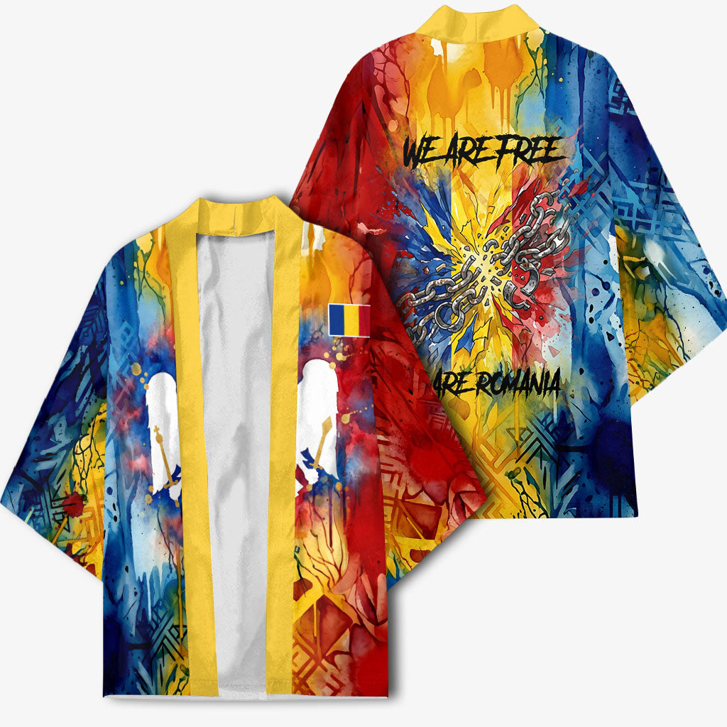 Romania We Are Free Eagle Kimono Romanian Flag Broken Chains - Watercolor Style