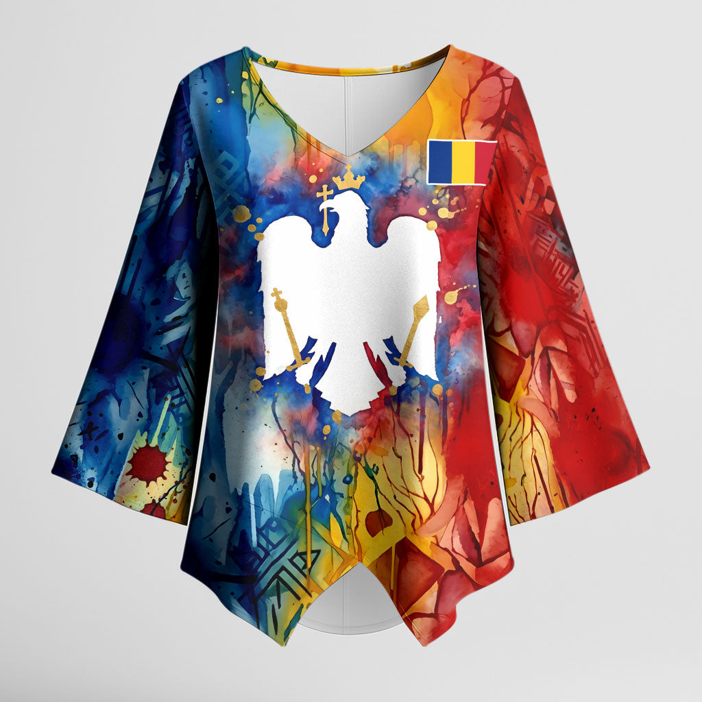 Romania We Are Free Eagle Kimono Sleeve Blouse Romanian Flag Broken Chains - Watercolor Style