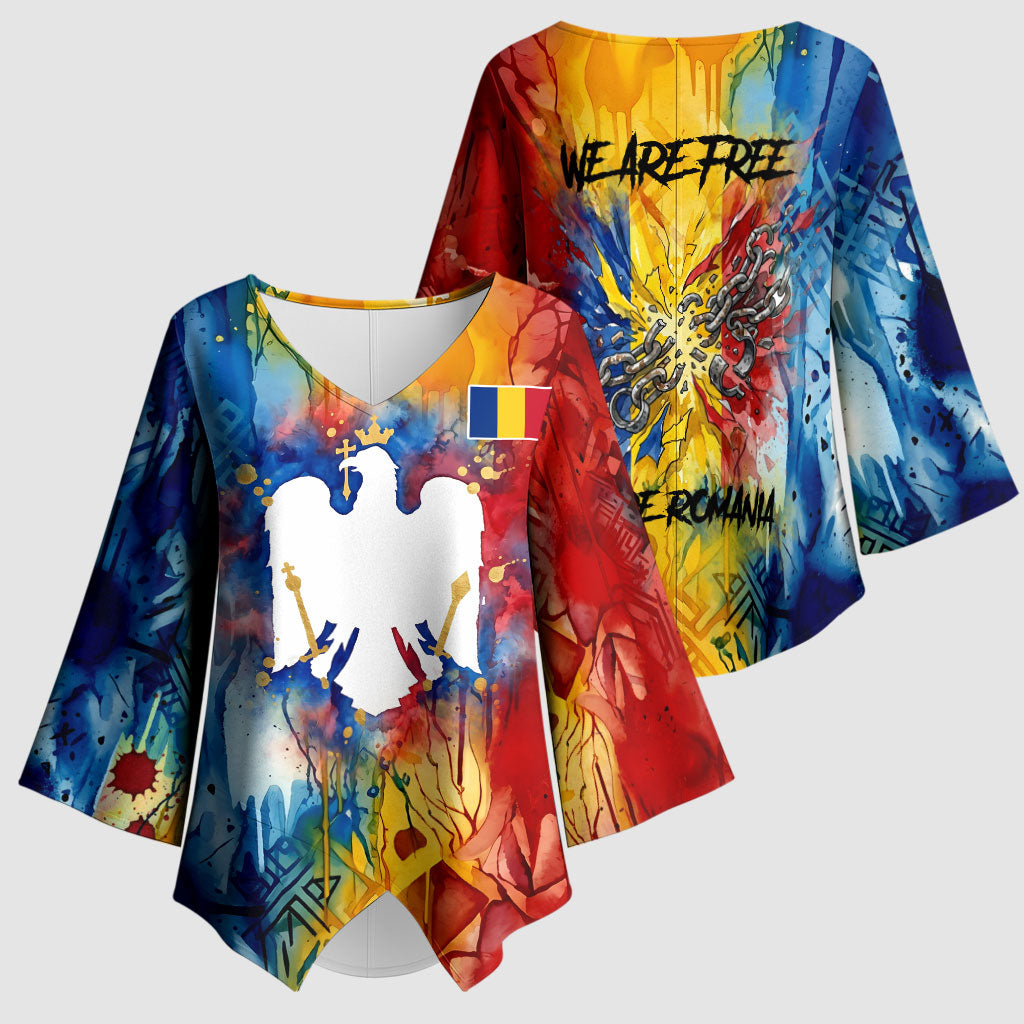 Romania We Are Free Eagle Kimono Sleeve Blouse Romanian Flag Broken Chains - Watercolor Style