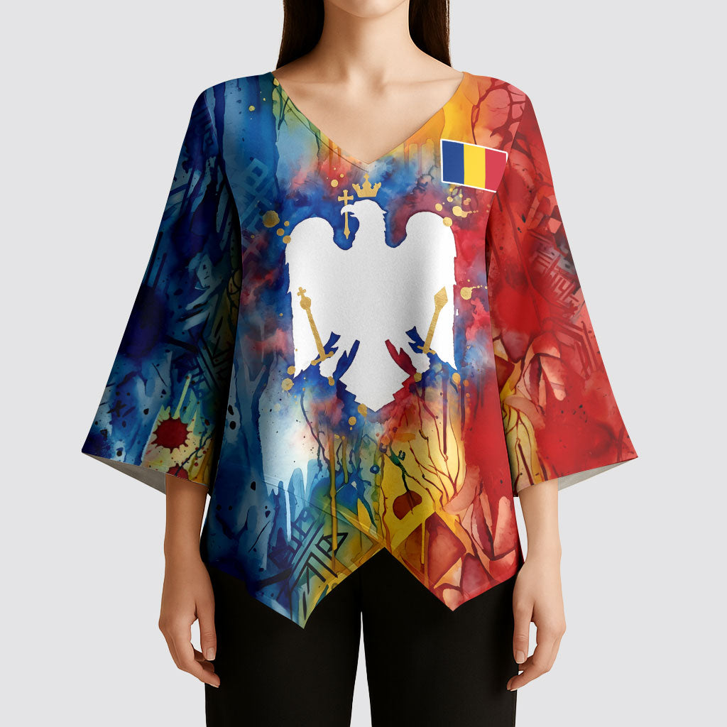Romania We Are Free Eagle Kimono Sleeve Blouse Romanian Flag Broken Chains - Watercolor Style