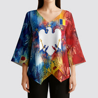 Romania We Are Free Eagle Kimono Sleeve Blouse Romanian Flag Broken Chains - Watercolor Style