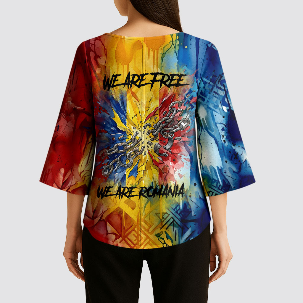 Romania We Are Free Eagle Kimono Sleeve Blouse Romanian Flag Broken Chains - Watercolor Style