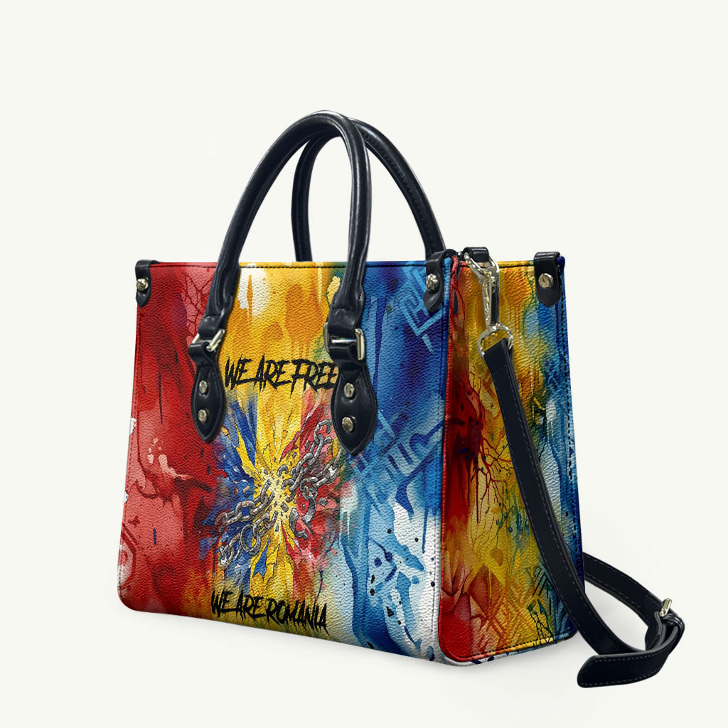 Romania We Are Free Eagle Leather Bag Romanian Flag Broken Chains - Watercolor Style