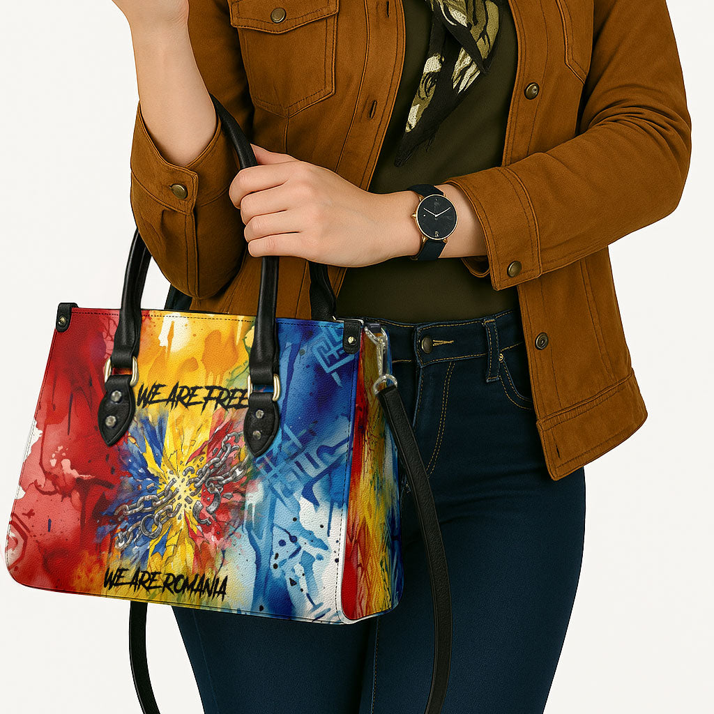 Romania We Are Free Eagle Leather Bag Romanian Flag Broken Chains - Watercolor Style