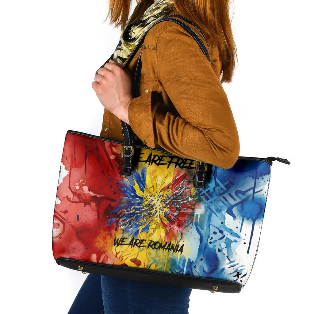 Romania We Are Free Eagle Leather Tote Bag Romanian Flag Broken Chains - Watercolor Style