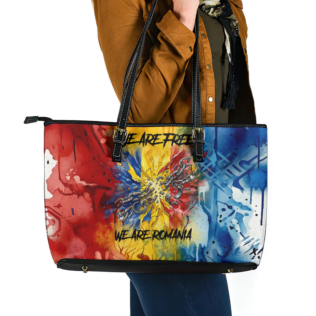 Romania We Are Free Eagle Leather Tote Bag Romanian Flag Broken Chains - Watercolor Style