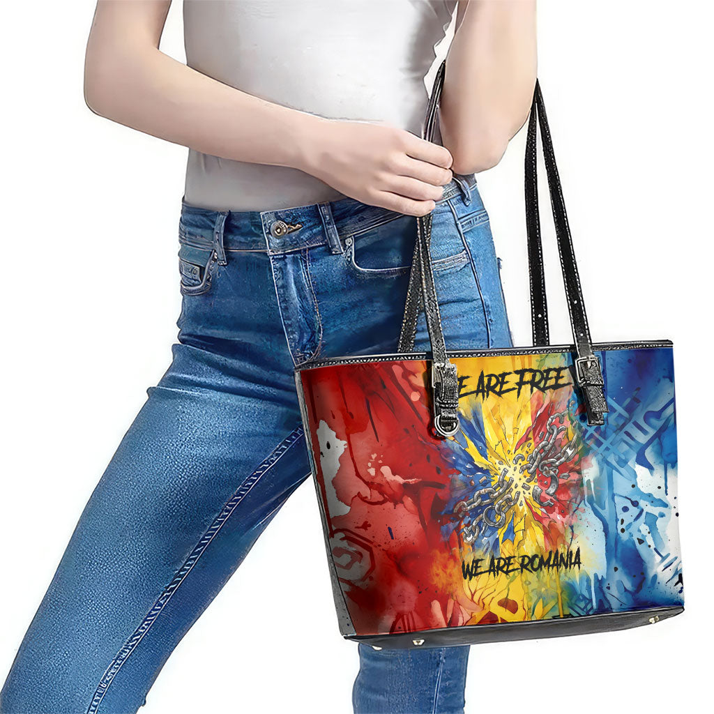 Romania We Are Free Eagle Leather Tote Bag Romanian Flag Broken Chains - Watercolor Style