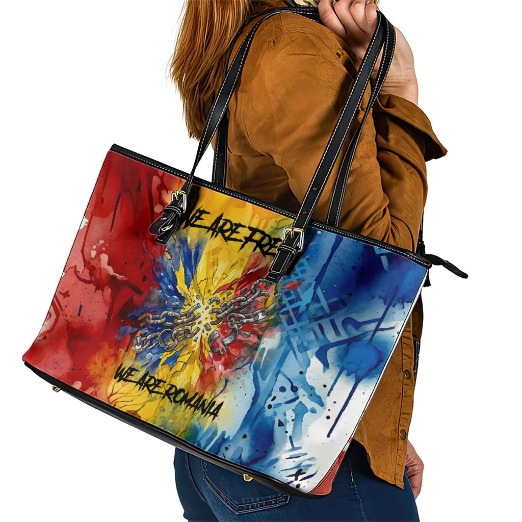 Romania We Are Free Eagle Leather Tote Bag Romanian Flag Broken Chains - Watercolor Style
