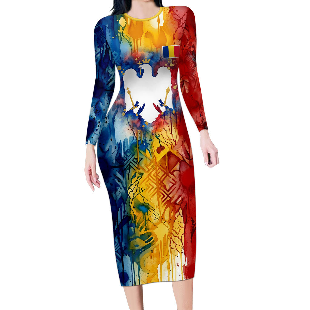 Romania We Are Free Eagle Long Sleeve Bodycon Dress Romanian Flag Broken Chains - Watercolor Style
