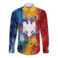 Romania We Are Free Eagle Long Sleeve Button Shirt Romanian Flag Broken Chains - Watercolor Style