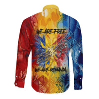 Romania We Are Free Eagle Long Sleeve Button Shirt Romanian Flag Broken Chains - Watercolor Style