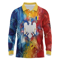 Romania We Are Free Eagle Long Sleeve Polo Shirt Romanian Flag Broken Chains - Watercolor Style