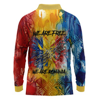 Romania We Are Free Eagle Long Sleeve Polo Shirt Romanian Flag Broken Chains - Watercolor Style