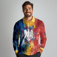 Romania We Are Free Eagle Long Sleeve Polo Shirt Romanian Flag Broken Chains - Watercolor Style