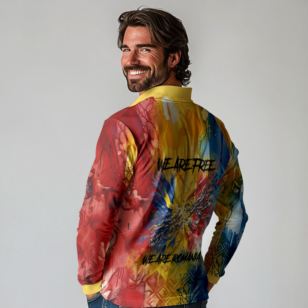 Romania We Are Free Eagle Long Sleeve Polo Shirt Romanian Flag Broken Chains - Watercolor Style