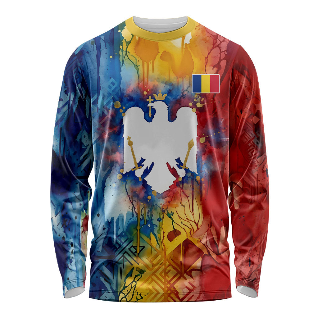 Romania We Are Free Eagle Long Sleeve Shirt Romanian Flag Broken Chains - Watercolor Style
