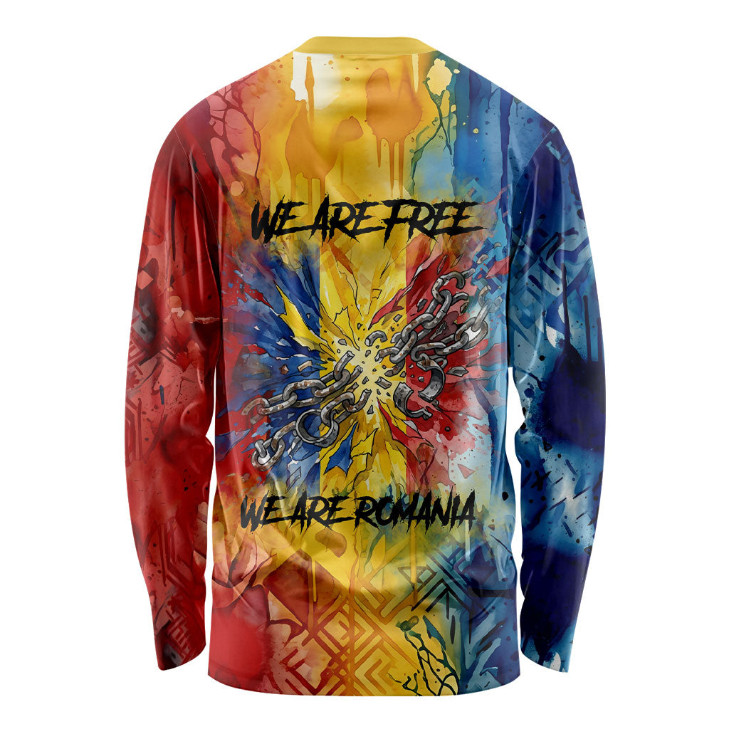 Romania We Are Free Eagle Long Sleeve Shirt Romanian Flag Broken Chains - Watercolor Style