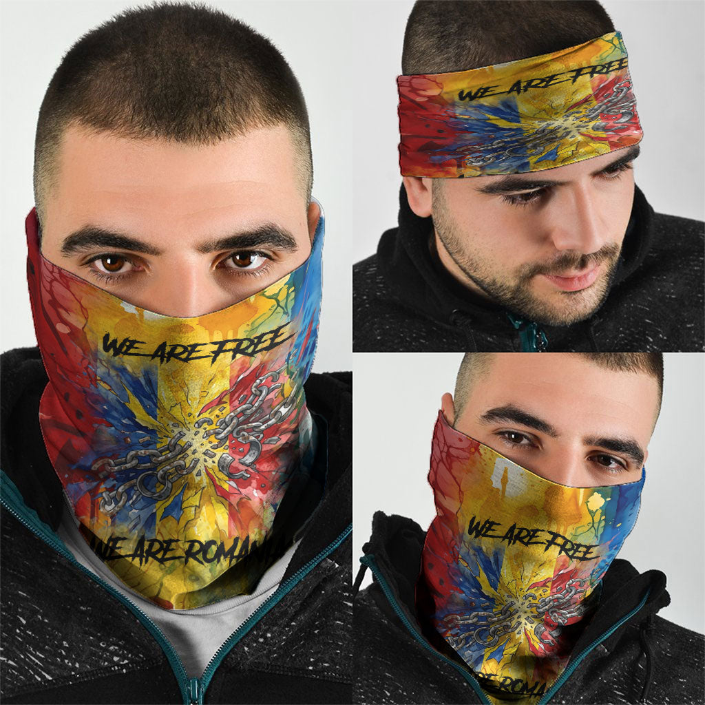 Romania We Are Free Eagle Neck Gaiter Romanian Flag Broken Chains - Watercolor Style