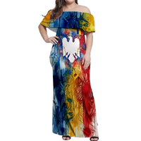 Romania We Are Free Eagle Off Shoulder Maxi Dress Romanian Flag Broken Chains - Watercolor Style