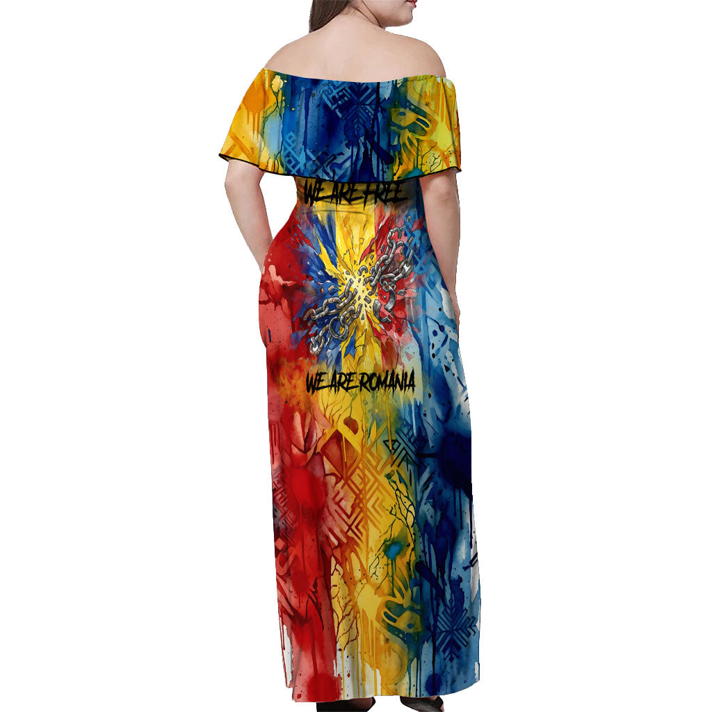 Romania We Are Free Eagle Off Shoulder Maxi Dress Romanian Flag Broken Chains - Watercolor Style