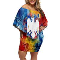 Romania We Are Free Eagle Off Shoulder Short Dress Romanian Flag Broken Chains - Watercolor Style