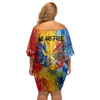 Romania We Are Free Eagle Off Shoulder Short Dress Romanian Flag Broken Chains - Watercolor Style