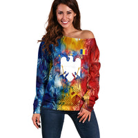 Romania We Are Free Eagle Off Shoulder Sweater Romanian Flag Broken Chains - Watercolor Style