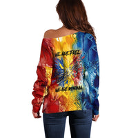 Romania We Are Free Eagle Off Shoulder Sweater Romanian Flag Broken Chains - Watercolor Style