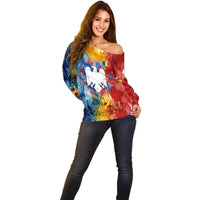 Romania We Are Free Eagle Off Shoulder Sweater Romanian Flag Broken Chains - Watercolor Style