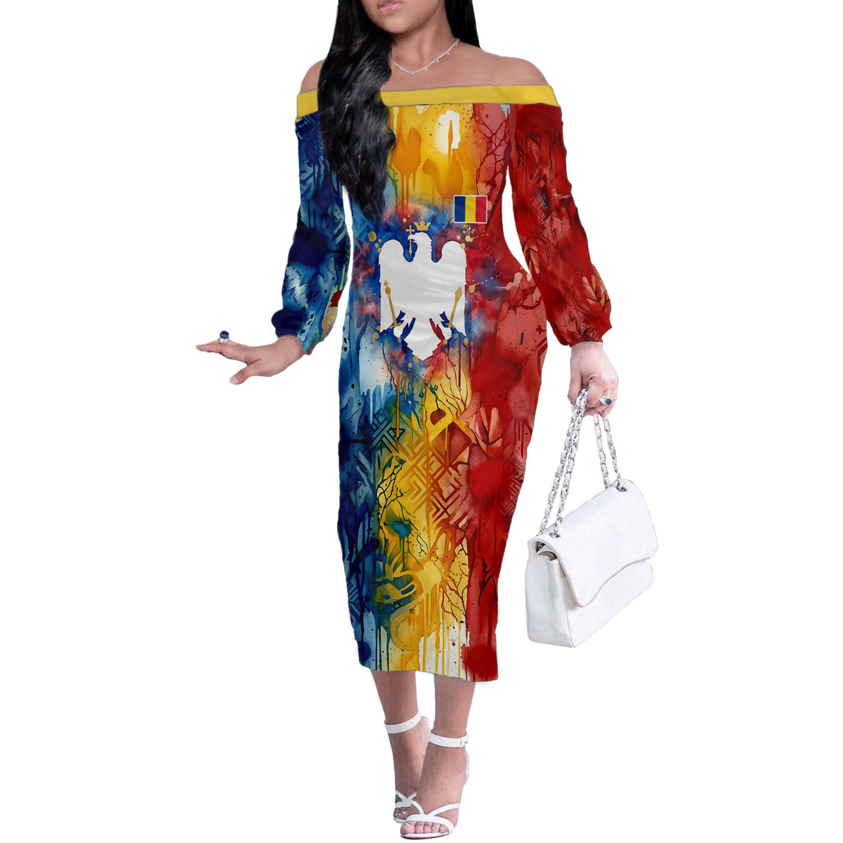 Romania We Are Free Eagle Off The Shoulder Long Sleeve Dress Romanian Flag Broken Chains - Watercolor Style