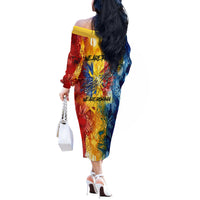 Romania We Are Free Eagle Off The Shoulder Long Sleeve Dress Romanian Flag Broken Chains - Watercolor Style