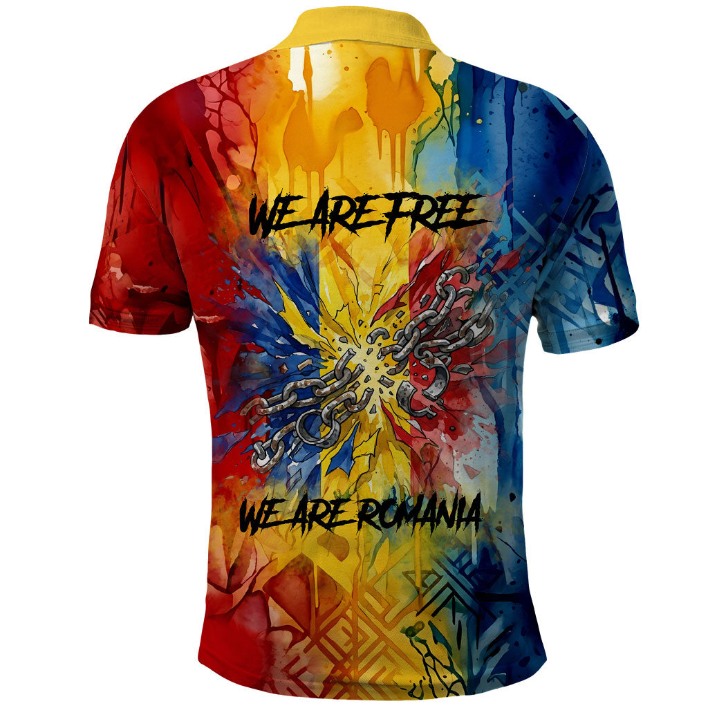 Romania We Are Free Eagle Polo Shirt Romanian Flag Broken Chains - Watercolor Style